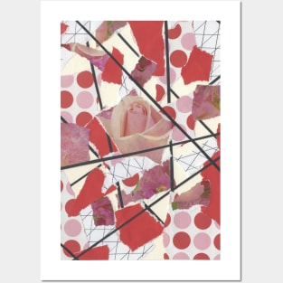 Polka Dots and Roses - Pink, Red, White, Black - Abstract Mixed Torn Paper Collage Posters and Art